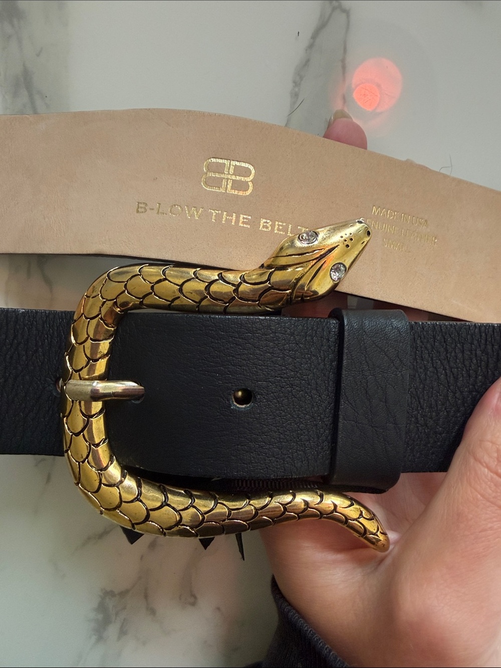 B-Low the Belt Black Leather Belt with Gold Snake Buckle - Picture 2 of 3